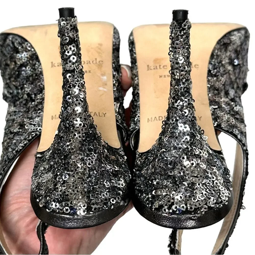 KATE SPADE Charm Micro Sequin Silver Slingback Pumps Heels Peep Toe Bow 8